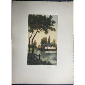 Vintage Hand-Colored Etching Watermill Scene Cottagecore Mid Century Wall Art